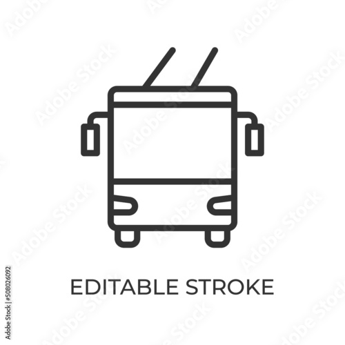 Trolleybus front view line icon. Ground electric transport. Used for passenger transportation. Isolated vector illustration on a white background. Editable stroke.