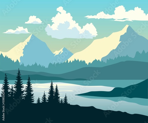 mountain landscape with lake and mountains