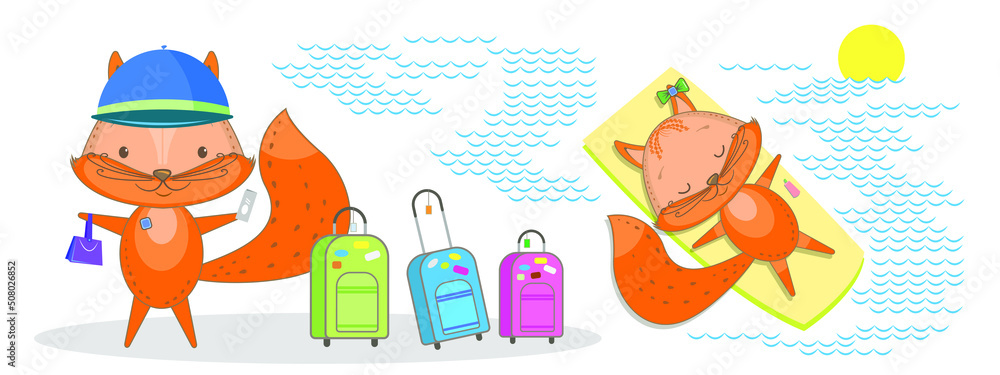 Fototapeta premiumFunny animals, fox. Vector drawing in cartoon style, postcard, design.