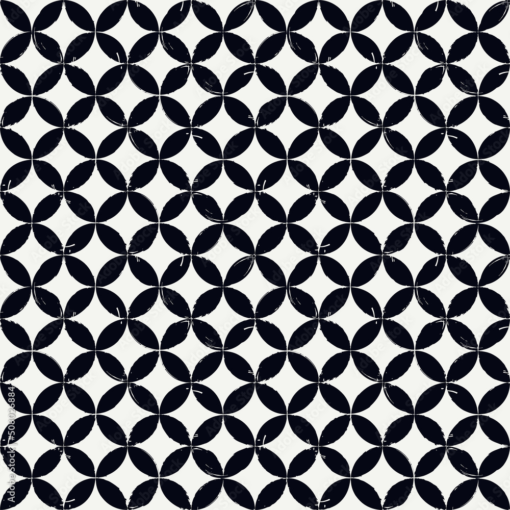 Overlapping circles, stars seamless pattern. Grunge paint brush texture print. Freehand classic geometric background Overlapping circles, stars seamless pattern. Grunge paint brush texture print. Freehand classic geometric background