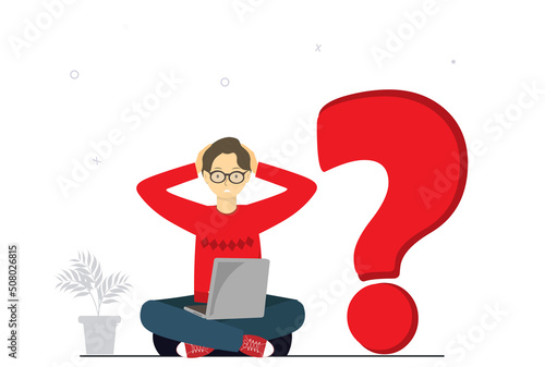 A young man working with laptop, solving the problem or finding new decisions, ideas, emotional stress at workplace concept, flat vector illustration