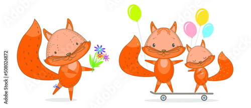   Funny animals  fox. Vector drawing in cartoon style  postcard  design.