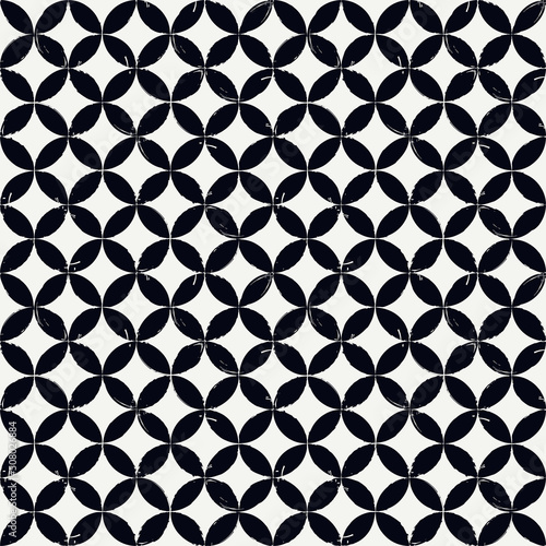 Overlapping circles  stars seamless pattern. Grunge paint brush texture print. Freehand classic geometric background
