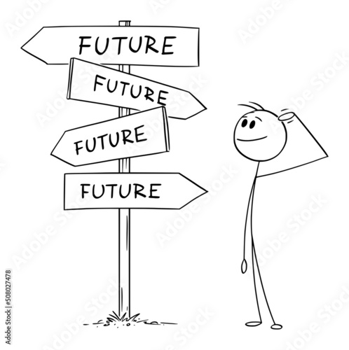 Decide and Choose from Future Choices ,Person or Businessman Standing on Crossroad, Vector Cartoon Stick Figure Illustration