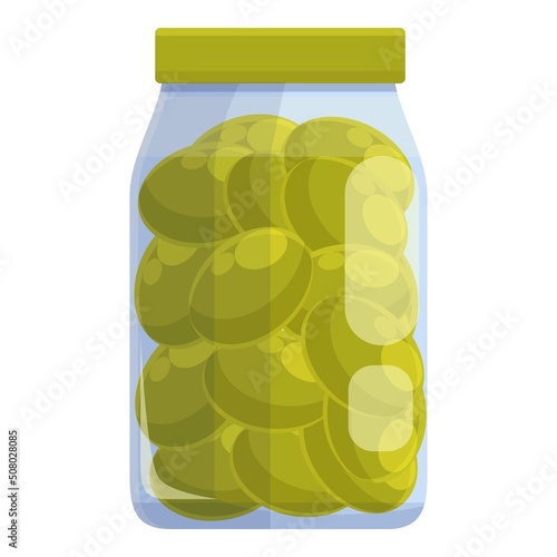Green olives jar icon cartoon vector. Olive food. Virgin plant