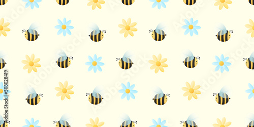 Seamless pattern with cartoon bees and flowers. Vector illustration
