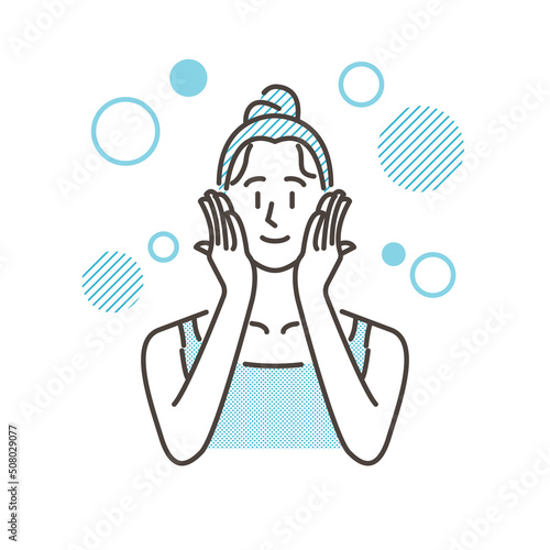 Foto Woman smearing lotion on her face with both hands [Vector illustration]