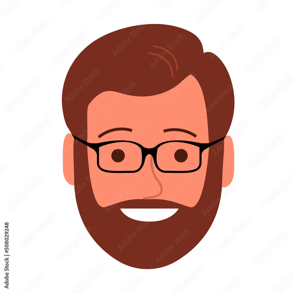Portrait of a cheerful young man with a happy smile. Barber salon. Face with beard and glasses. Flat vector illustration of a male head. Isolated on white background Portrait of a cheerful young man with a happy smile. Barber salon. Face with beard and glasses. Flat vector illustration of a male head. Isolated on white background