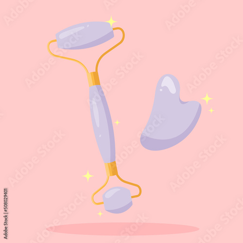Sticker jade face roller, gua sha face massage. Icon on pop art retro vintage background. Trendy color illustration