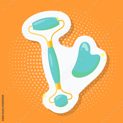 Sticker jade face roller, gua sha face massage. Icon on pop art retro vintage background. Trendy color illustration