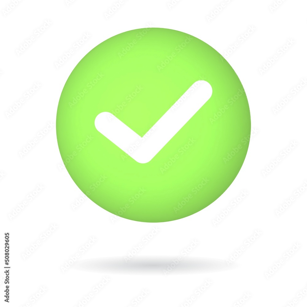 Green 3D button with check mark notification. Isolated on white background vector illustration
