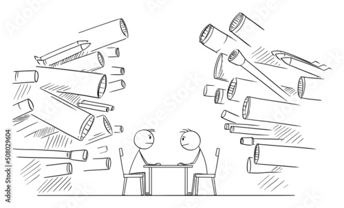 War or Peace Negotiation, Vector Cartoon Stick Figure Illustration