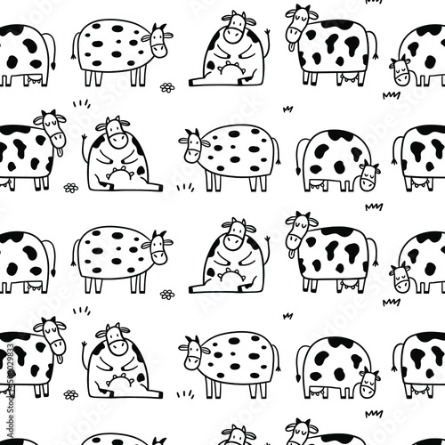 Outline vector cows pattern. Simple animals pattern.