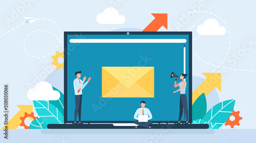 Envelope, Letter, Mail. People using electronic mail by computer. Spam and SMS writing. Lettering. Characters writing email letters by phone, laptop. Flat style modern design. Vector illustration