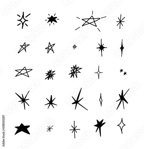 Hand drawn set of Y2K stars  starburst and retro futuristic ornaments