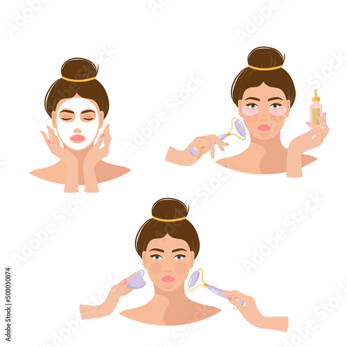 Beauty routine. Beautiful young ladys. Various spa procedures stickers. Face care concept. Cleansing, moisturizing, treating. Drawn vector set. Trendy illustration.
