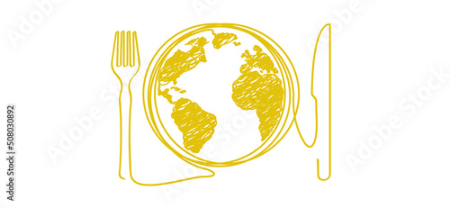 Fork, knife and plate. Word pasta or spaghetti day, Italian food such as: noodles, vermicelli, rotini, fusili, tortellini, linguini, conchiglie, fettucine, penne, capellini. Italian  Fast food.