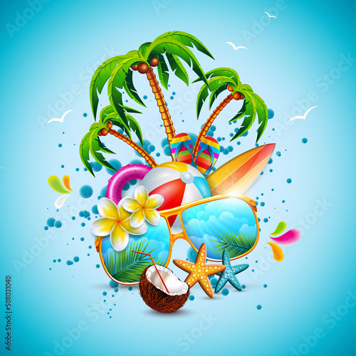 Vector Summer Time Holiday Illustration on Sky Blue Background. Tropical Plants, Flower, Beach Ball, Surf Board, Coconut and Sunglasses with Palm Tree. Design Template for Banner, Flyer, Invitation