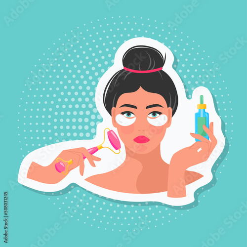 Skin care routine. Beautiful young lady with facial massager and patches. Face care concept. Cleansing, moisturizing, treating. Vector illustration. Cartoon style. Flat design