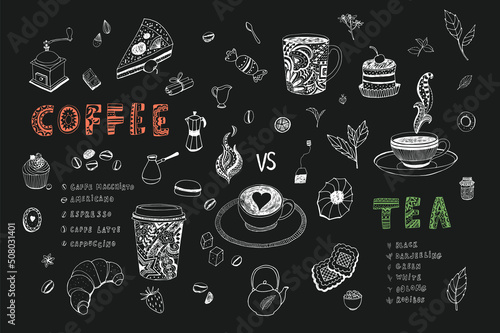 coffee and tea cup, croissant, cake food vector illustrations set