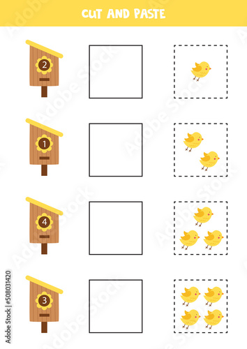 Math game for kids. Count and paste cute birds to birdhouses.