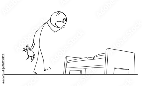 Sleepy Tired Person Is Going to Sleep in Bed , Vector Cartoon Stick Figure Illustration