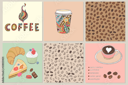 coffee cup, beens, cake, food vector illustrations kitchen posters set