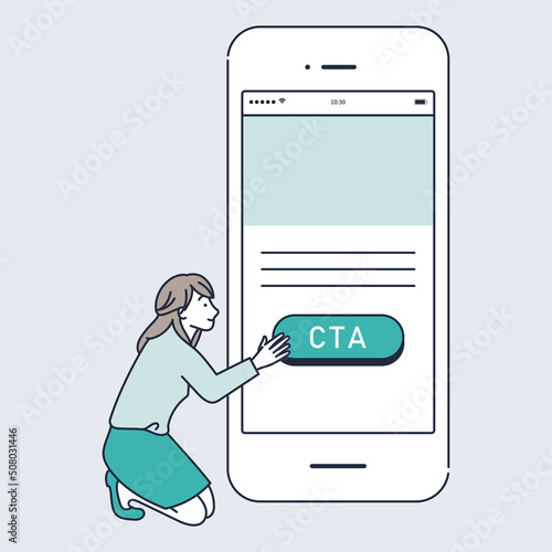 スマホサイトのCTAボタンを押す女のイラスト素材｜mayucolor08