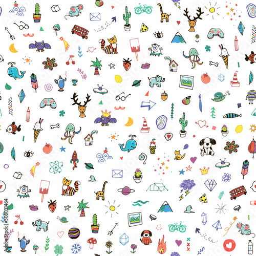 Funny doodles: animals, plants, camping, science seamless vector pattern