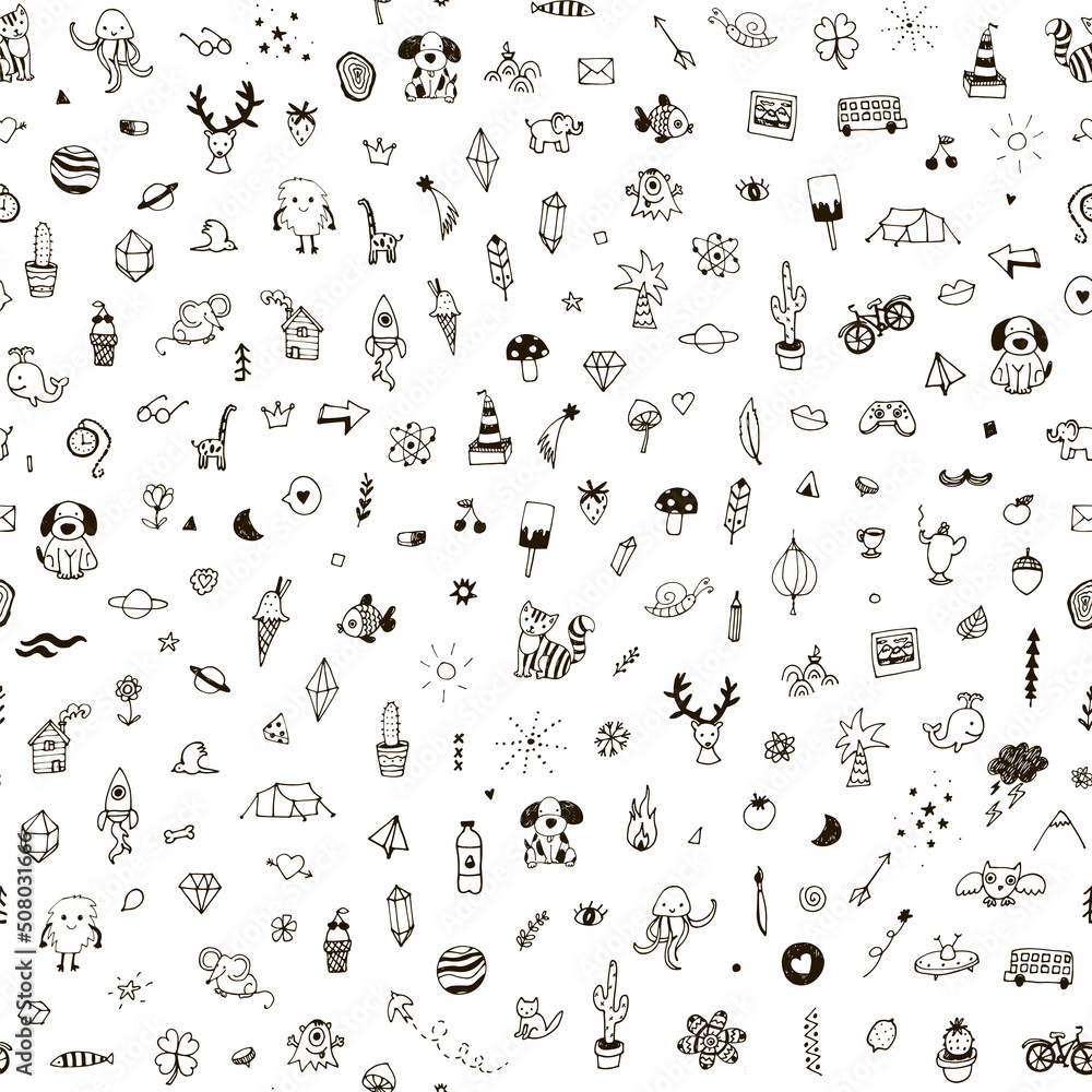 Funny doodles: animals, plants, planets, diamonds seamless vactor pattern