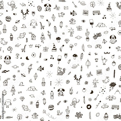 Funny doodles  animals  plants  planets  diamonds seamless vactor pattern