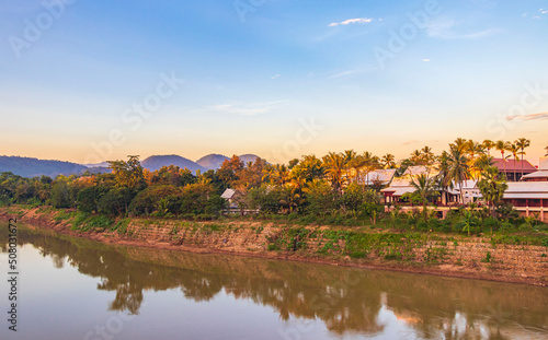 Sunset at panorama landscape Mekong river and Luang Prabang Laos.