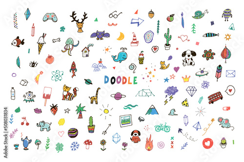 Funny doodles: animals, plants, camping, science vector illustrations set