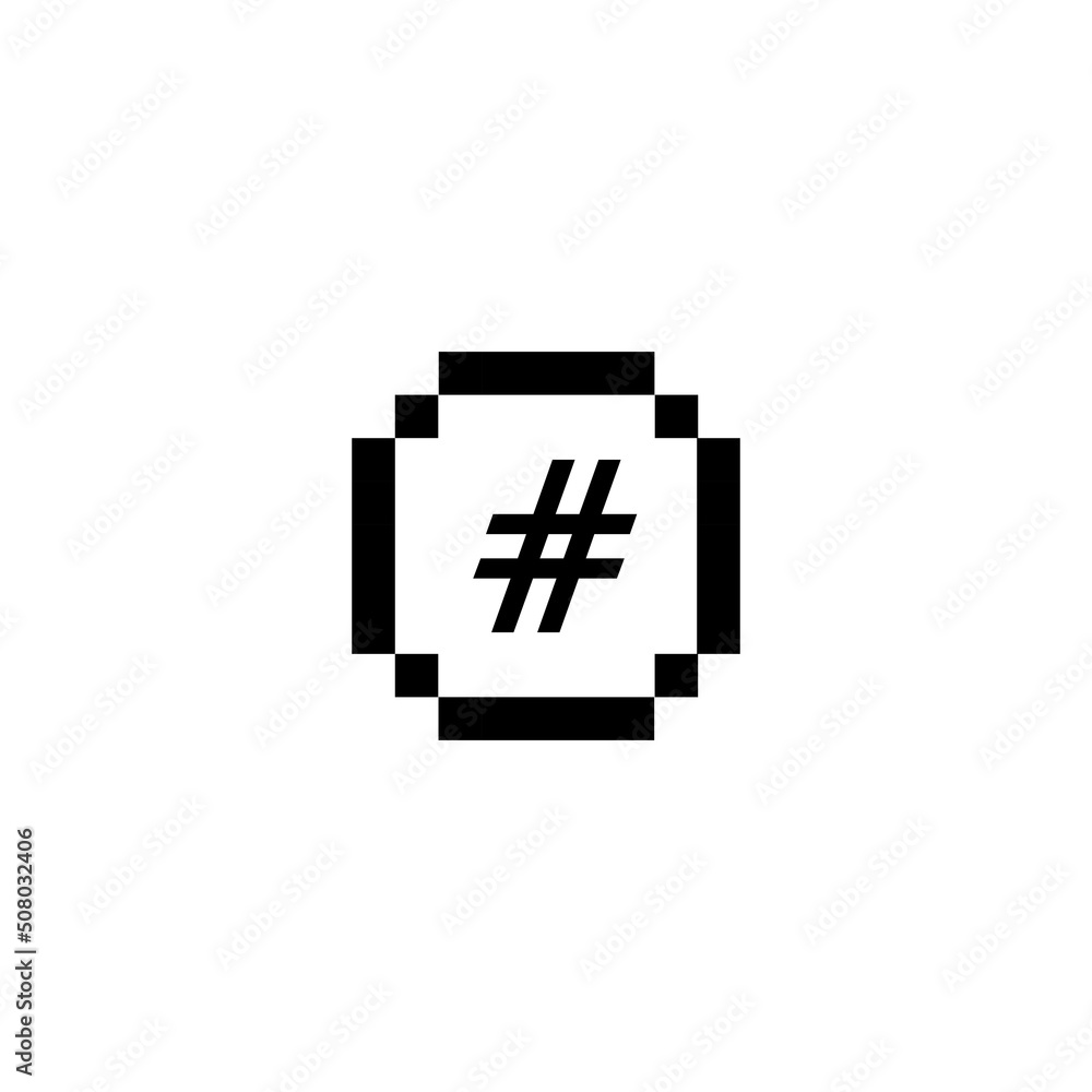 Obraz premium Hashtag circle. Pixel art 8 bit vector icon illustration 