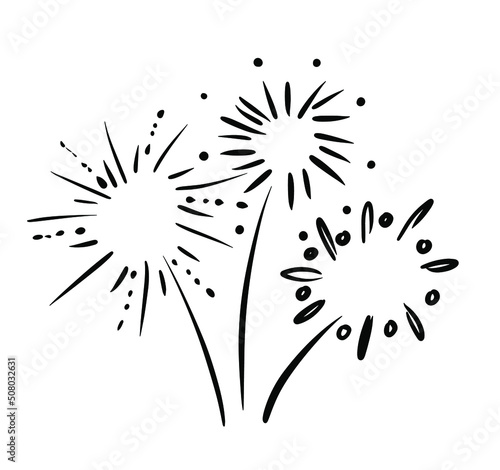 Vector fireworks illustration isolated on white in doodle comic scribble sketch style. Holiday sparkling burst party in the sky.