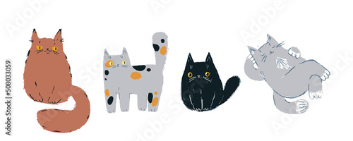 Cartoon cat set. Hand drawn cute cat. Rest and vacation. Watercolor pencil bitmap drawing. Vector illustration on white background.