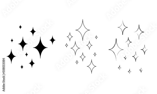Sparkles twinkle stars doodle symbols. Set vector sparkle star icon. Bright firework, shiny flash, decoration twinkle. Glowing light effect. Vector illustration.