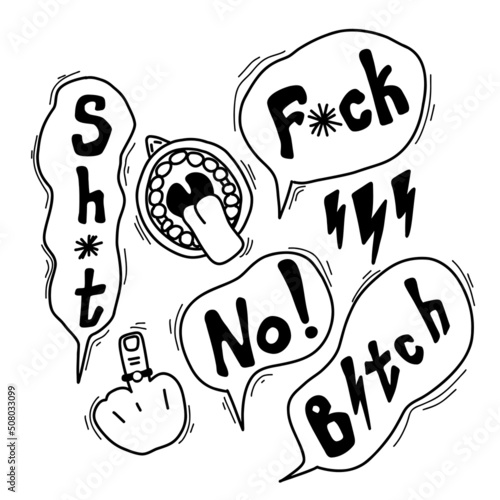 Comic speech bubble with swear words, middle finger symbols. Doodle hand drawn speech bubble with curses. Angry smile face emoji. Vector illustration isolated on white.
