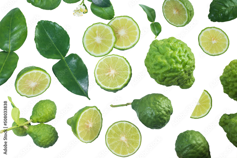 bergamot or kaffir with slice and leaves isolated on white background , top view , flat lay.