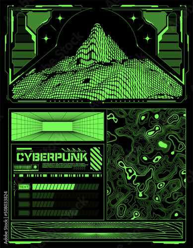  Abstract future poster acid style. Retro futuristic design elements, perspective grid, tunnel, circle. Black and green retro cyberpunk style. Vector illustration