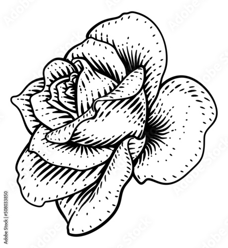 Rose Flower Design Woodcut Vintage Retro Style
