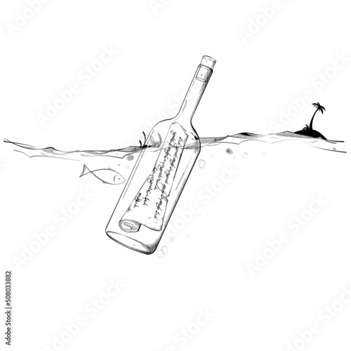 Fish reads paper message in floating bottle