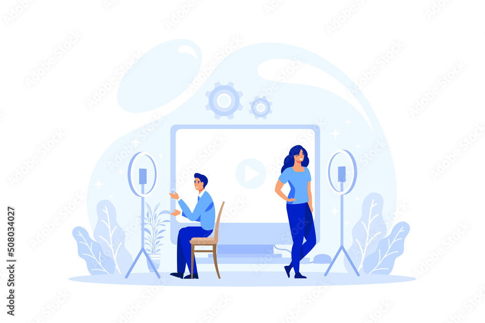 Girls and boys bloggers making records to camera vector illustration Girls and boys bloggers making records to camera vector illustration