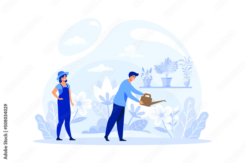 Flower shop and florist concept. Creative occupation in floral boutique. Floristic business. Isolated vector illustration in flat styleCreative occupation in floral boutique. Floristic business.