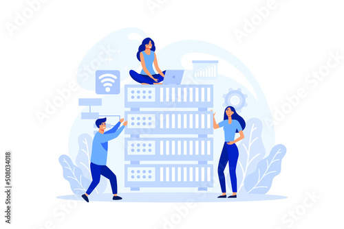 System administrator. Technical work with server, software installation, troubleshooting, online security. Configuration of computer systems and networks. Flat vector illustration