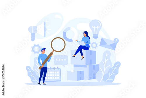 Marketer concept. Advertising and marketing concept. Business strategy and communucation with a customer. Isolated flat vector illustration