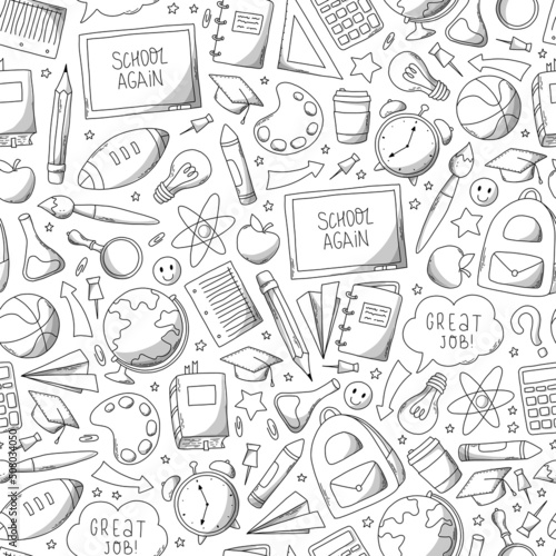 school seamless pattern with monochrome doodles, school supplies. wrapping paper, coloring page, wallpaper, scrapbooking, stationary, packaging, etc. EPS 10