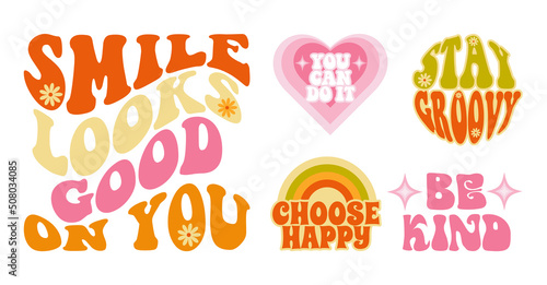 Set of groovy motivational slogan, 60s print for graphic tee