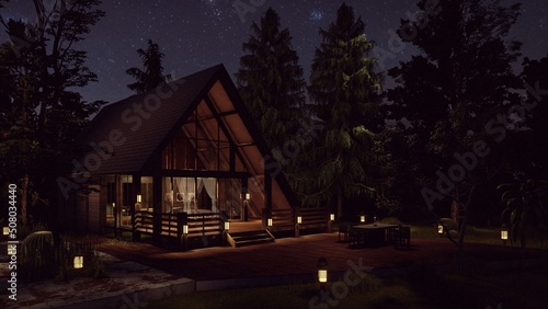 Fotografiet hut cottage house in the night dark sky with stars black forest background 3d il