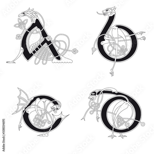 Medieval, Celtic Initial Letter A, B, C and D combining animal body parts and endless knot ornaments in black and white